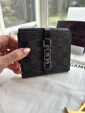 Gucci Jackie GG Black Monogram Canvas Wallet with Silver Hardware